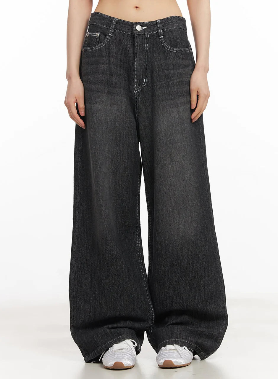 Faded charcoal black high waisted wide leg jeans