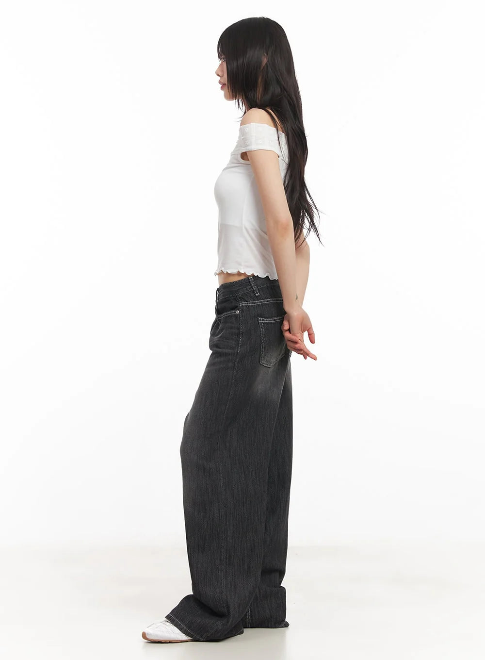 Faded charcoal black high waisted wide leg jeans