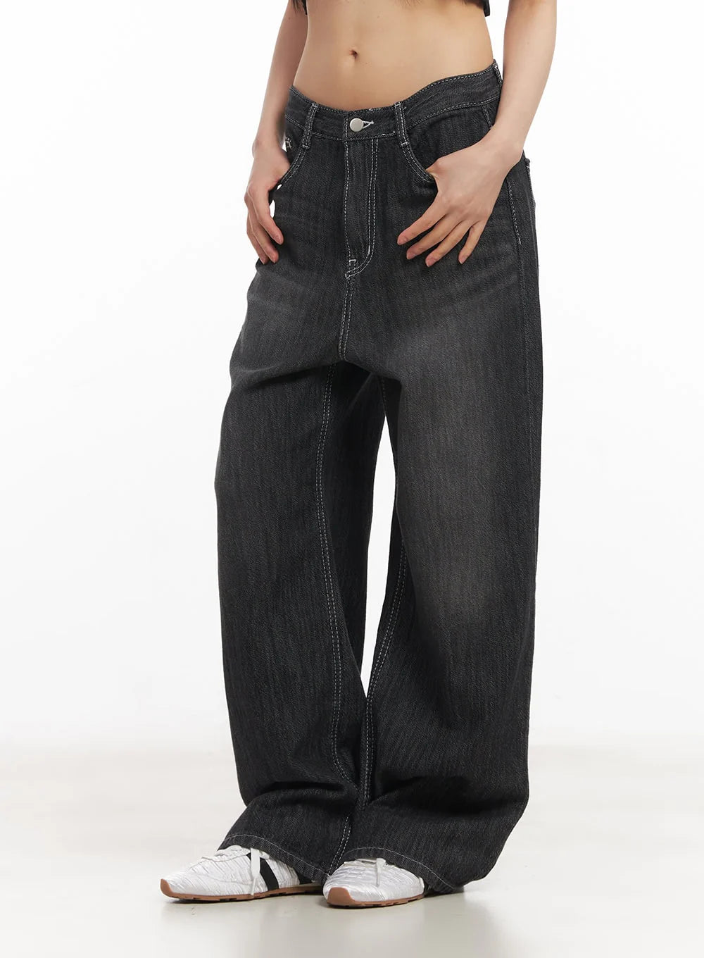 Faded charcoal black high waisted wide leg jeans