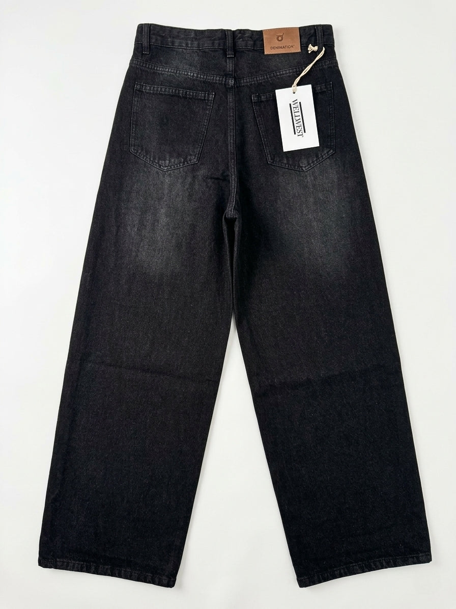 Whisker Charcoal Washed  Wide Leg Jeans (Unisex)