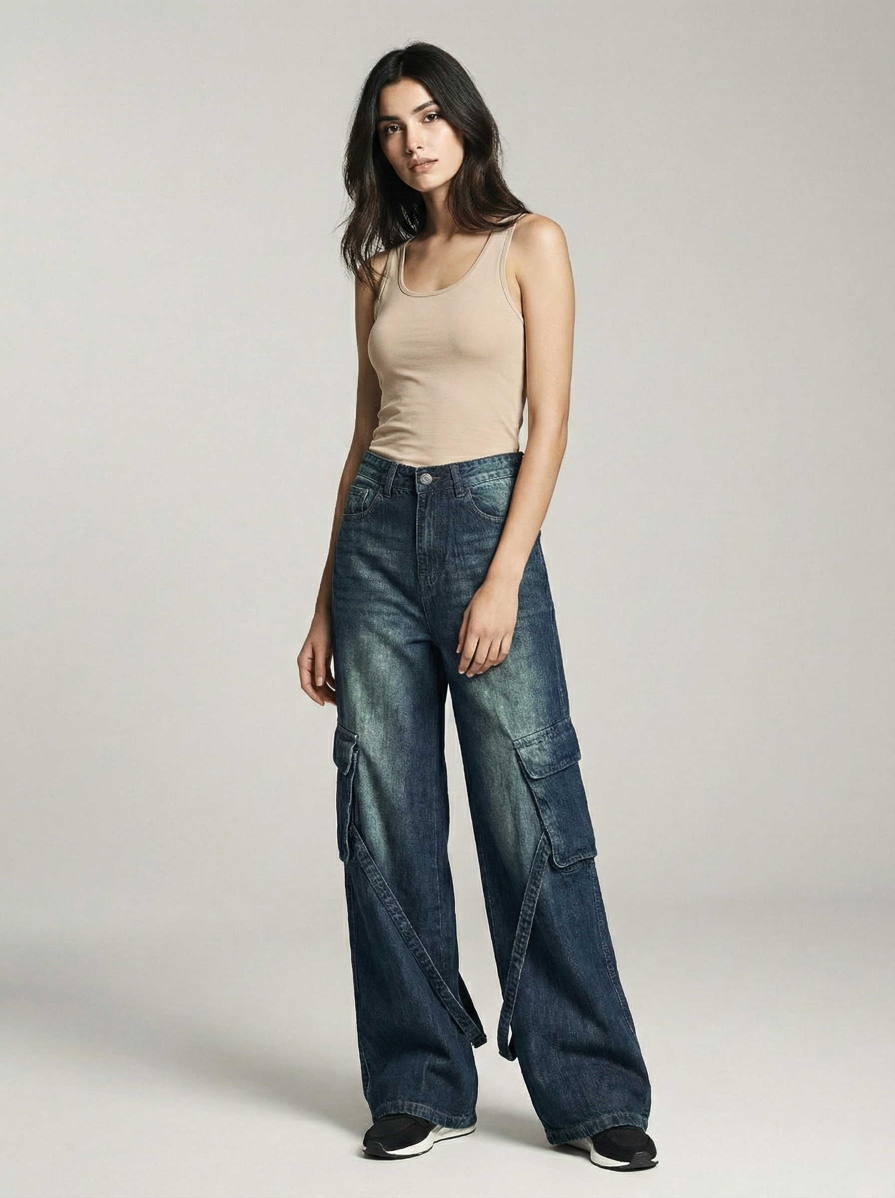 Vintage Green Stripes Cargo Wide-Leg Jeans