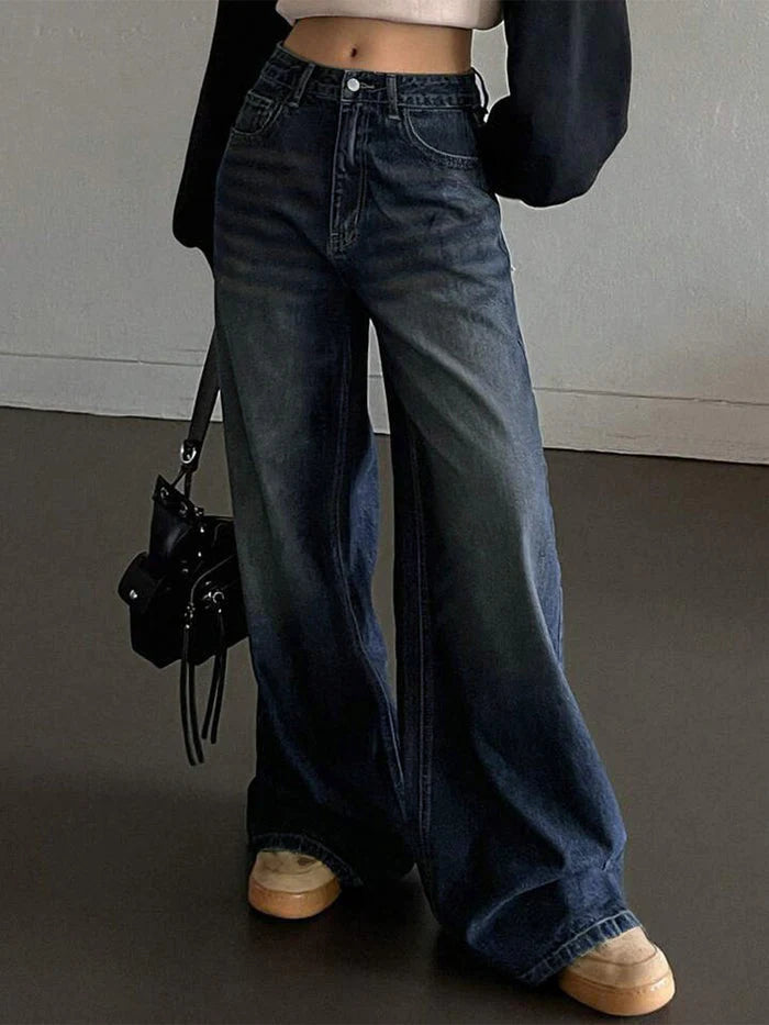 Vintage blue whisker loose wide leg jeans