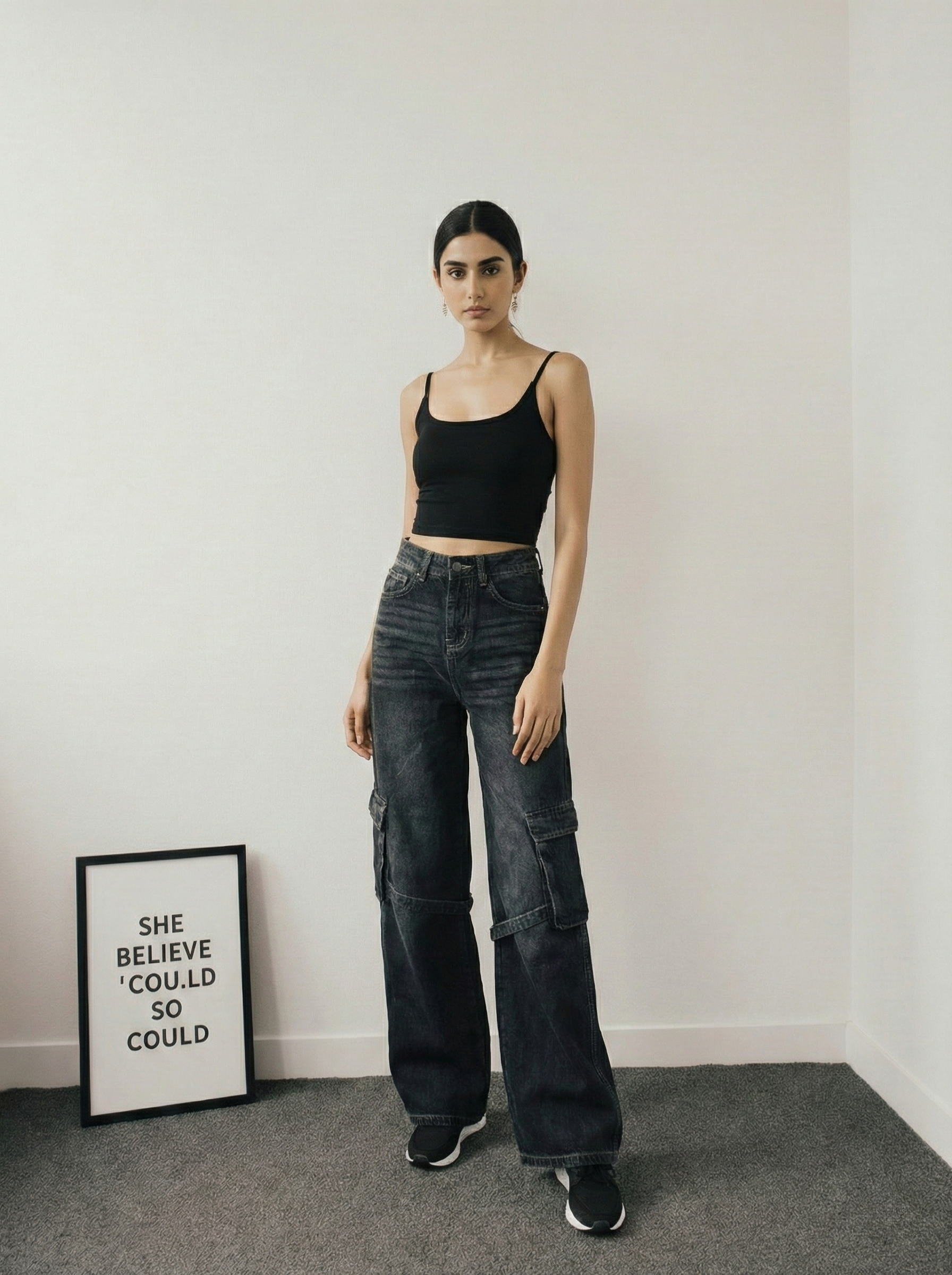 Ash Black Stripes Cargo Wide-Leg jeans