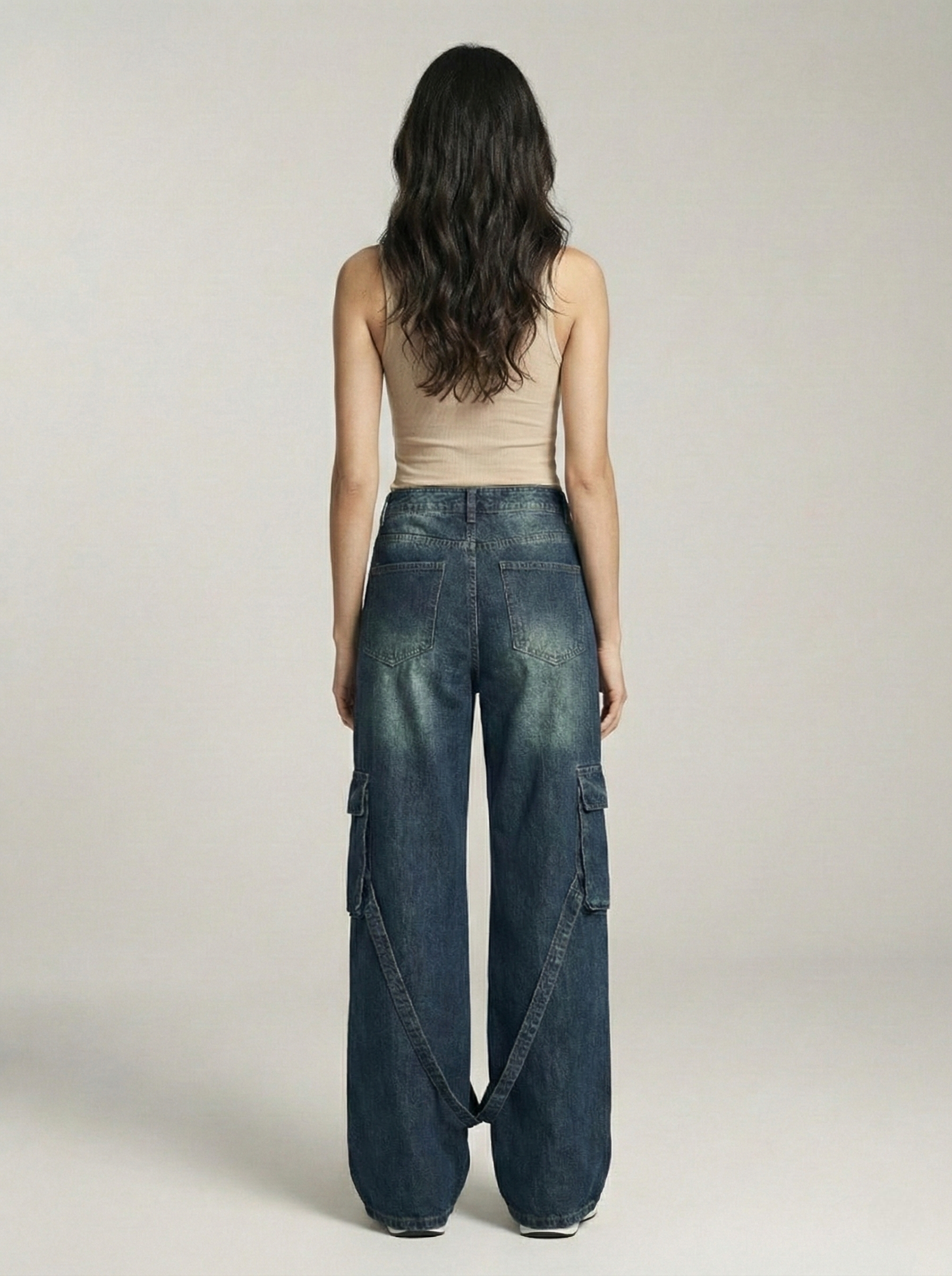 Vintage Green Stripes Cargo Wide-Leg Jeans