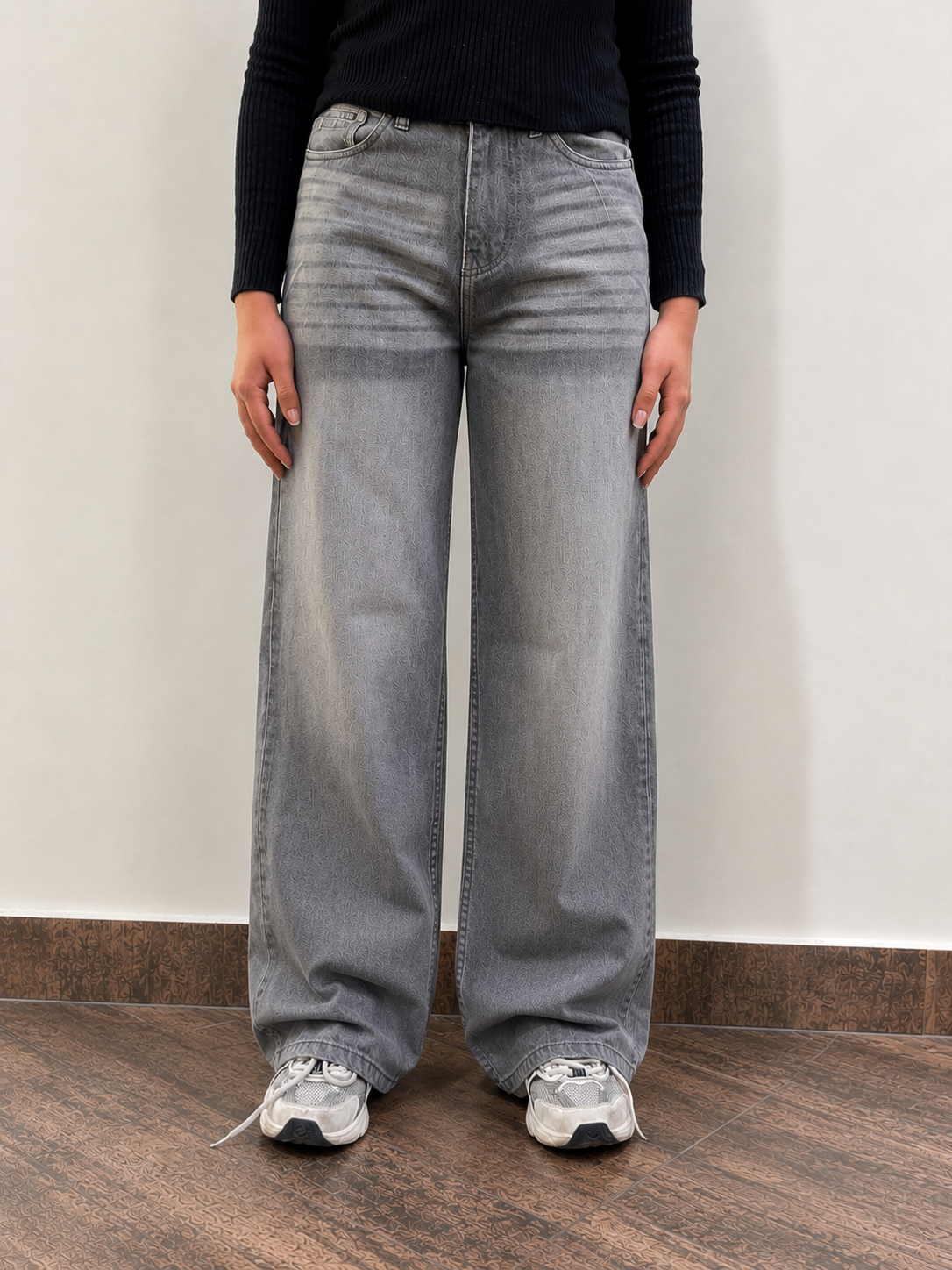 Grey Coated Wide-Leg Jeans