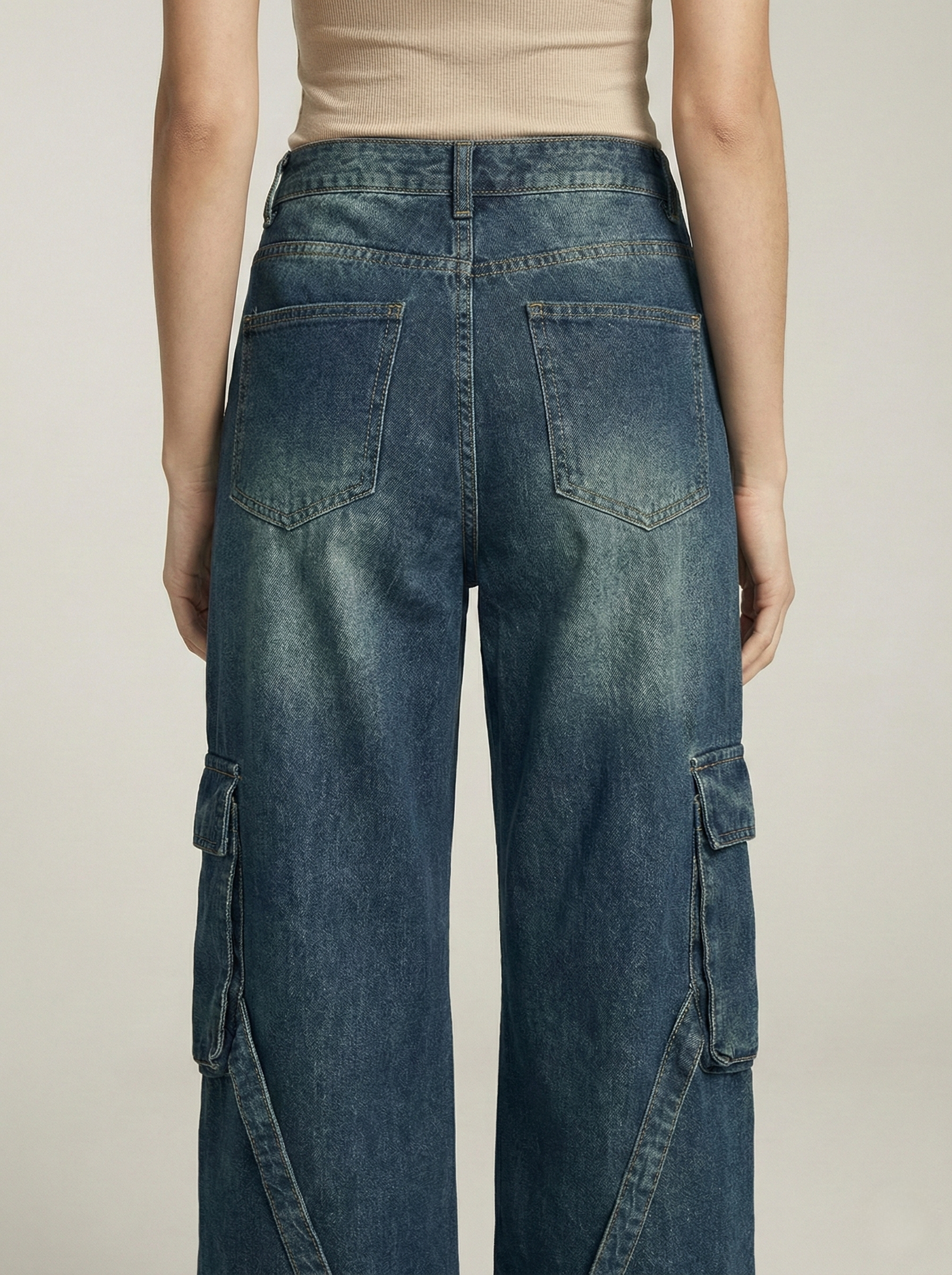 Vintage Green Stripes Cargo Wide-Leg Jeans