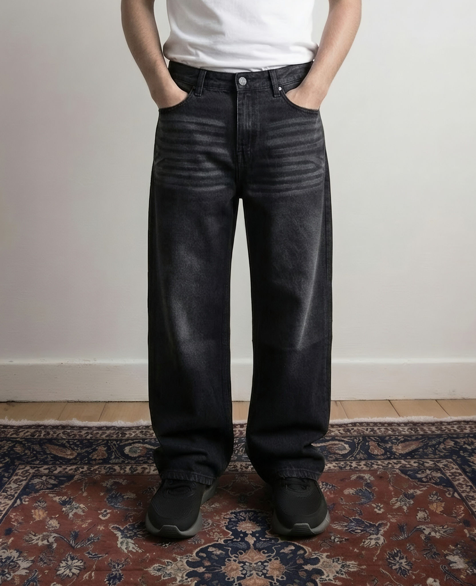 Whisker Charcoal Washed  Wide Leg Jeans (Unisex)