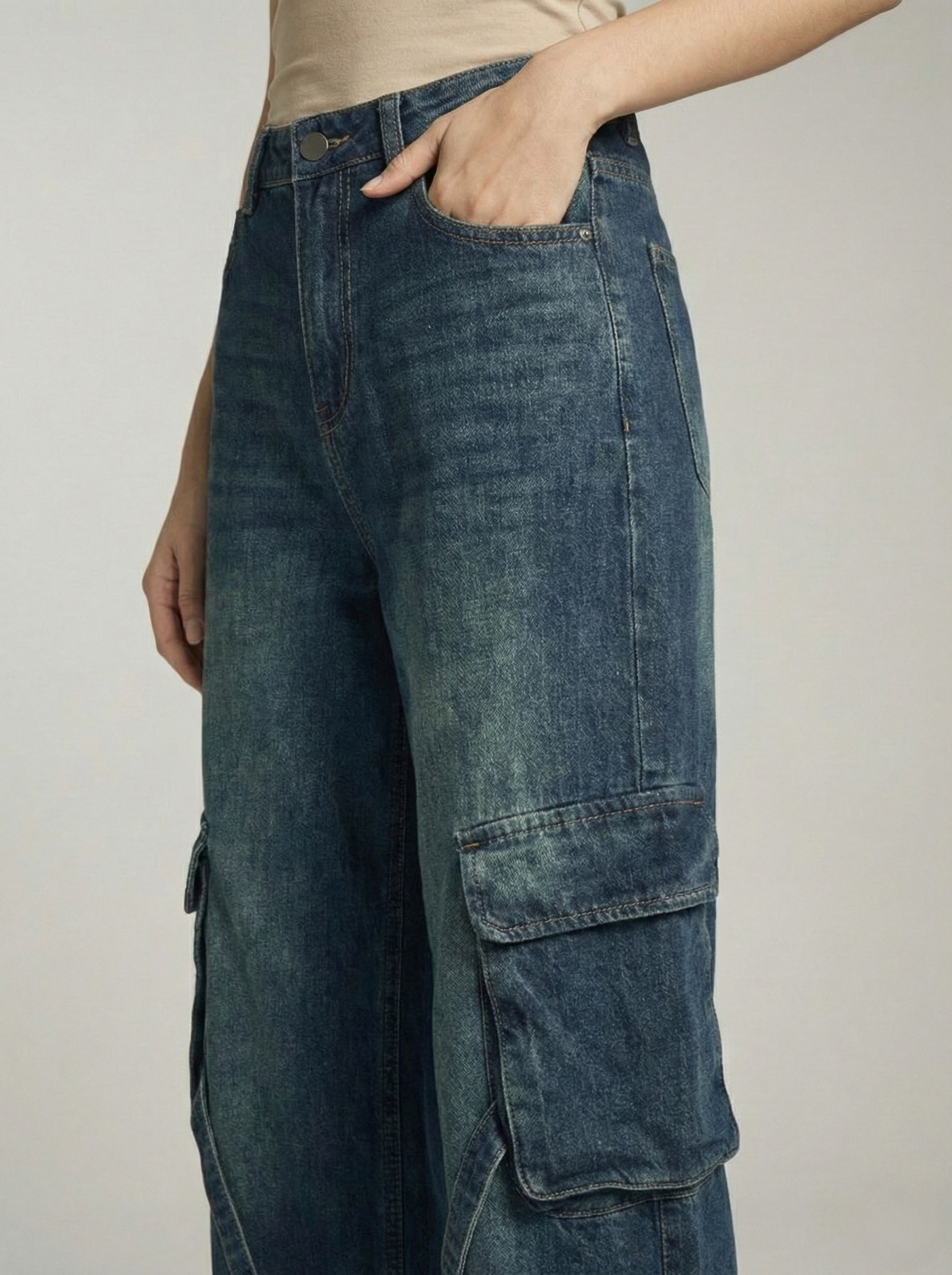 Vintage Green Stripes Cargo Wide-Leg Jeans