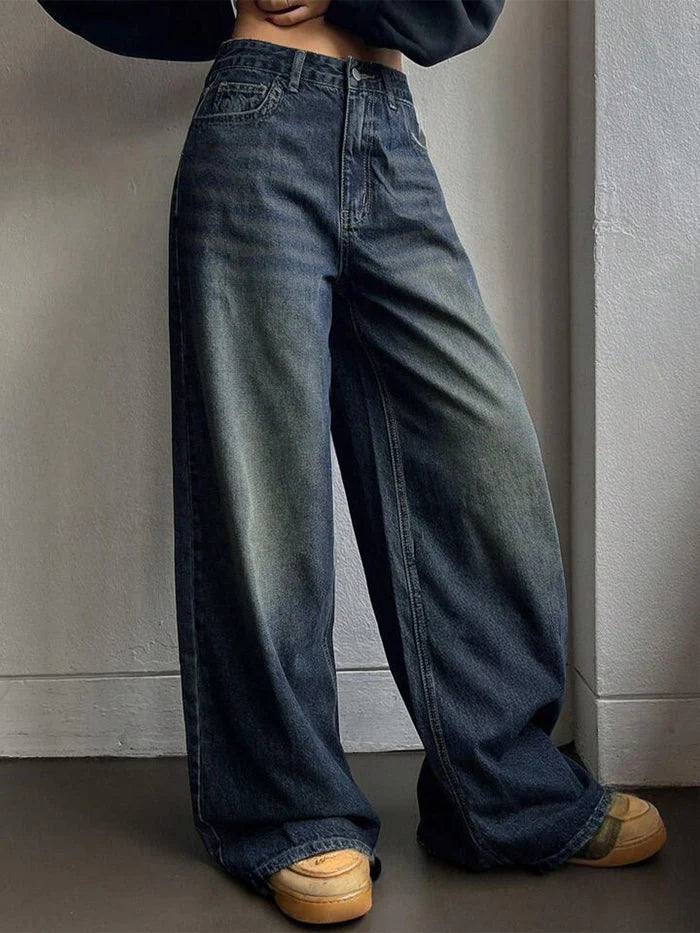 Vintage blue whisker loose wide leg jeans