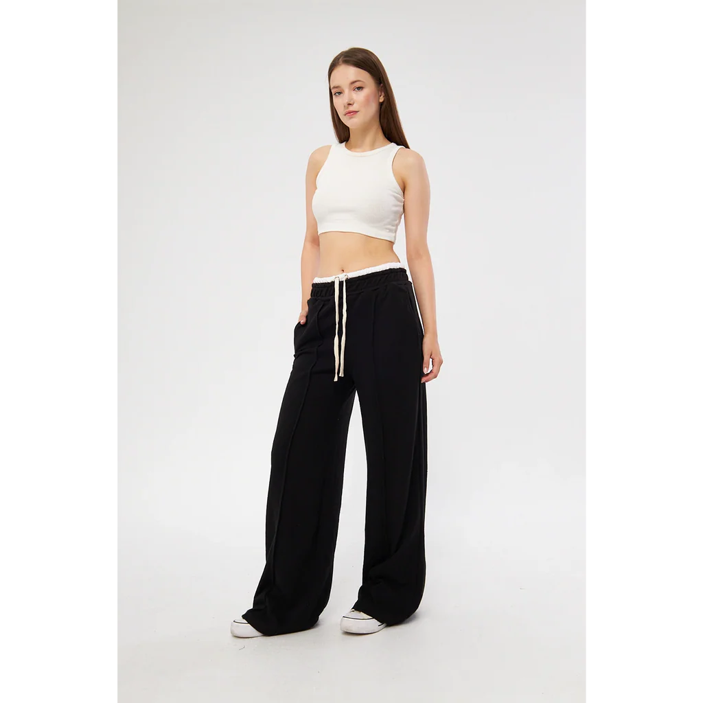 Black wide leg boxer belt trousers