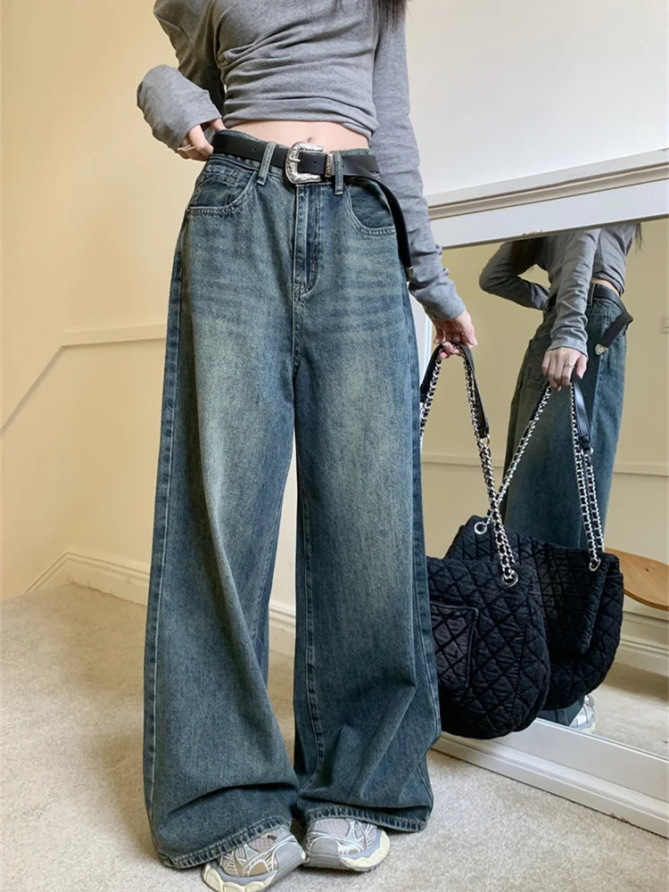 Vintage grey whisker loose wide leg jeans