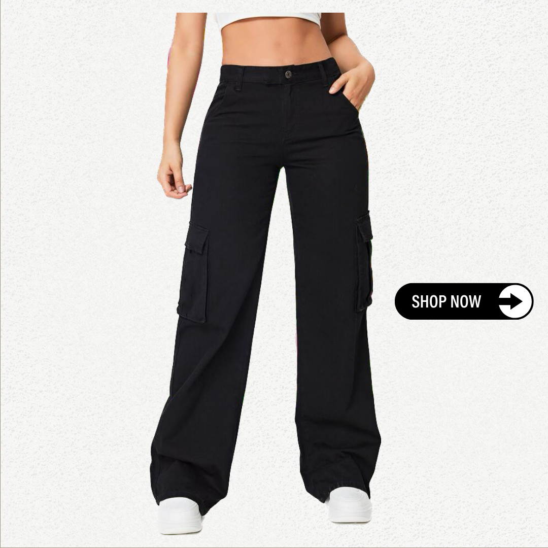 Black high-waisted cargo denim