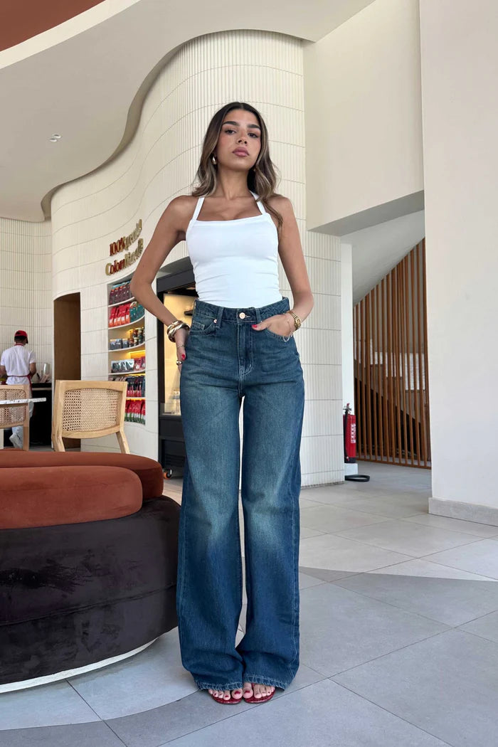lndigo green high waisted wide leg jeans