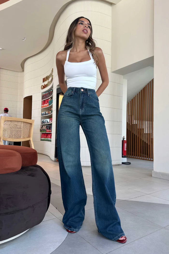 lndigo green high waisted wide leg jeans