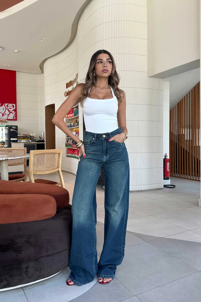 lndigo green high waisted wide leg jeans