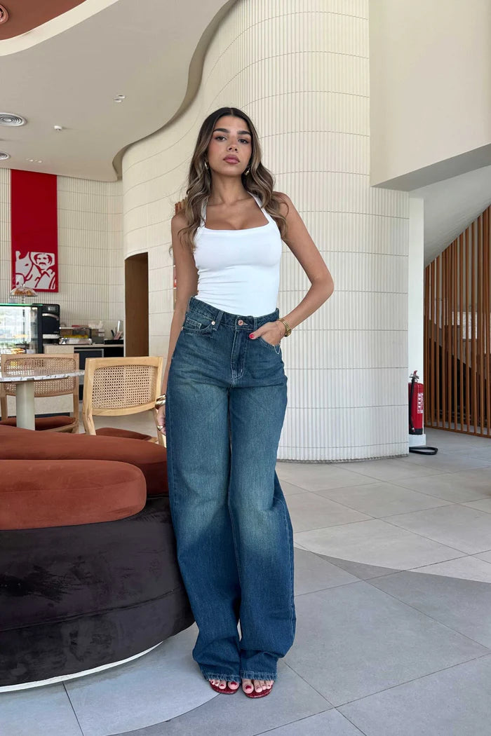 lndigo green high waisted wide leg jeans