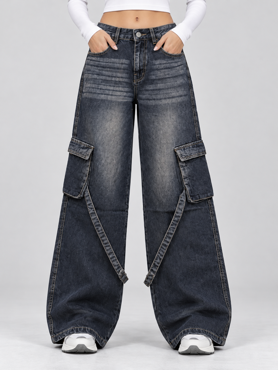 Ash Black Stripes Cargo Wide-Leg jeans