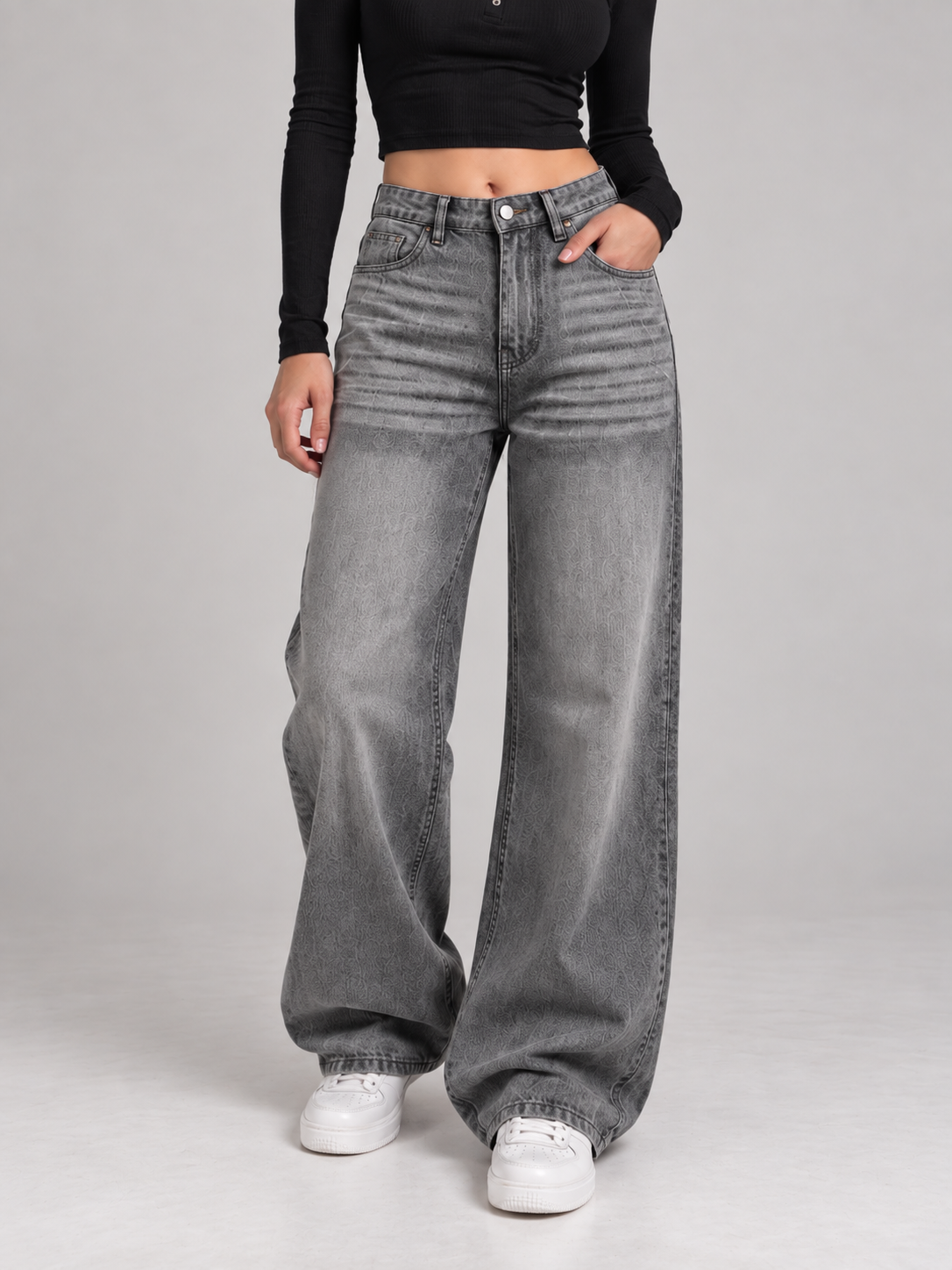 Grey Coated Wide-Leg Jeans