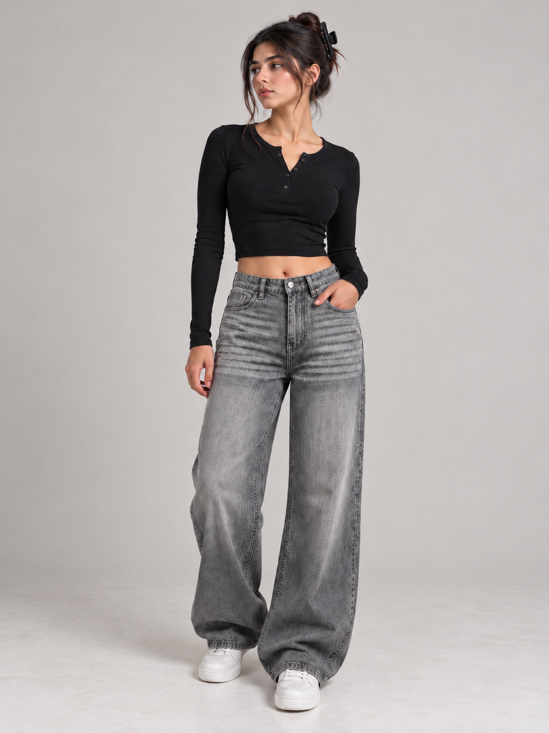 Grey Coated Wide-Leg Jeans