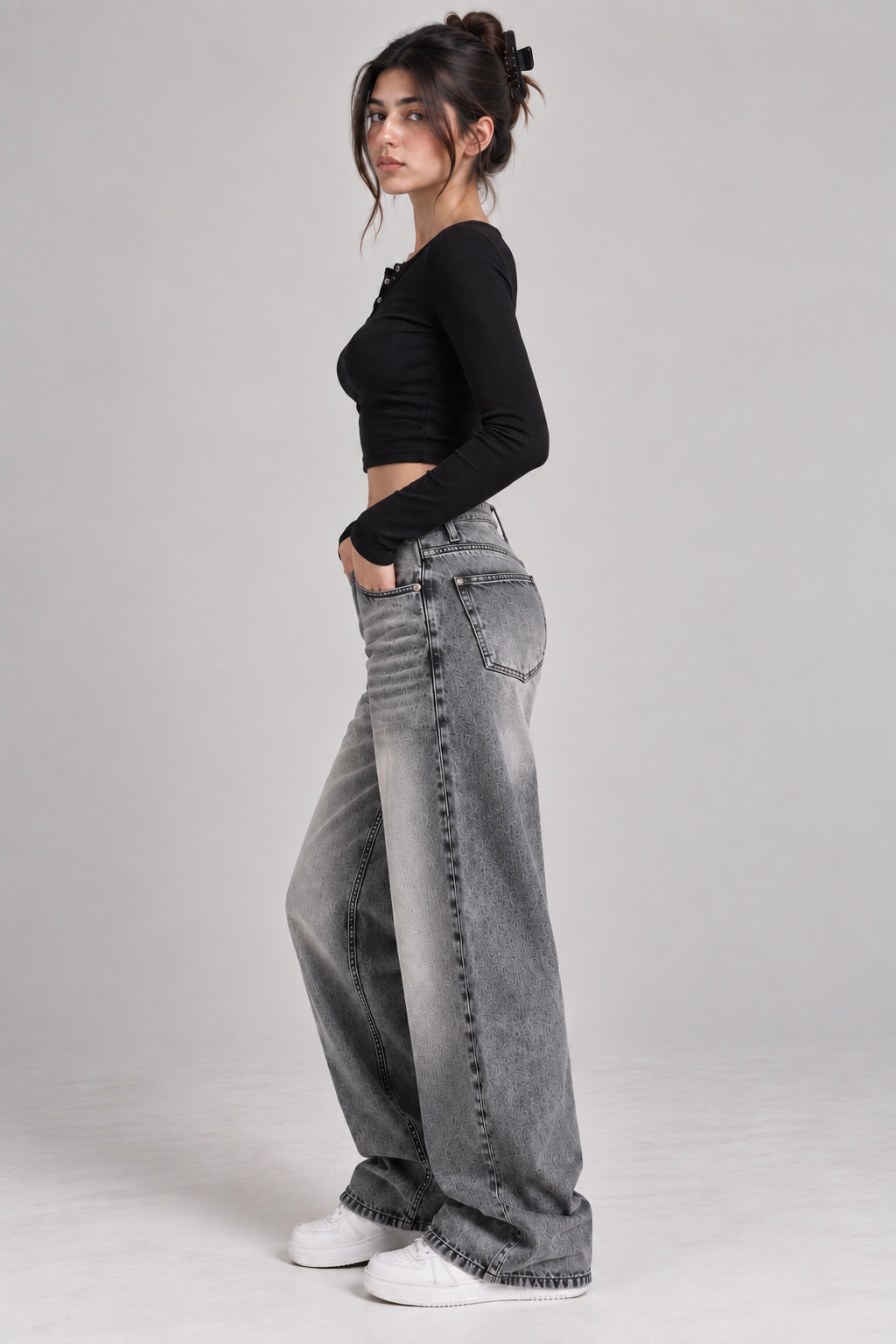 Grey Coated Wide-Leg Jeans