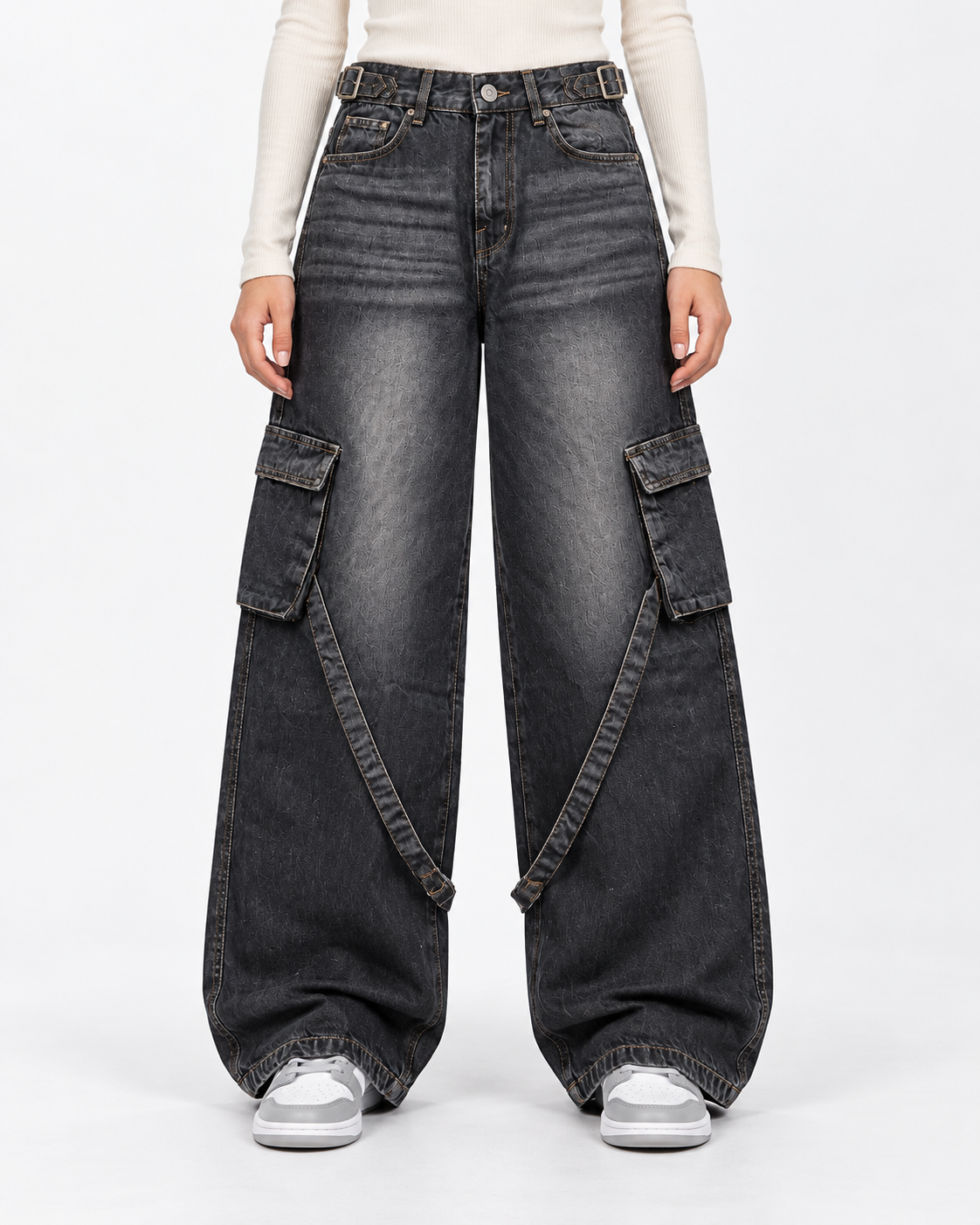 Ash Black Stripes Cargo Wide-Leg jeans