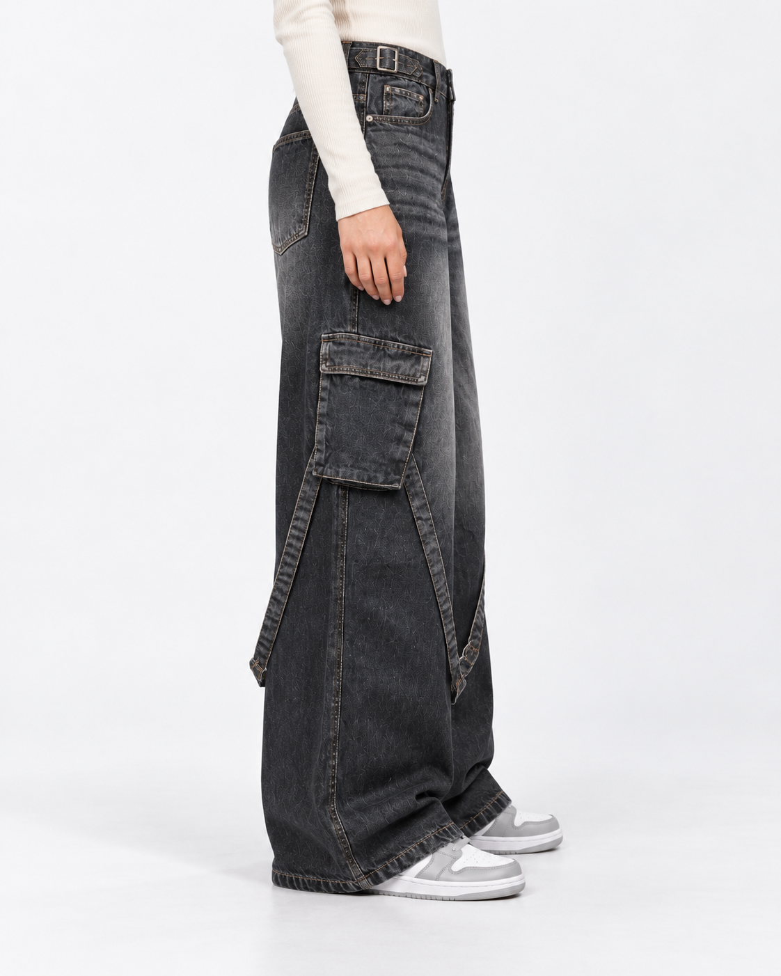 Ash Black Stripes Cargo Wide-Leg jeans
