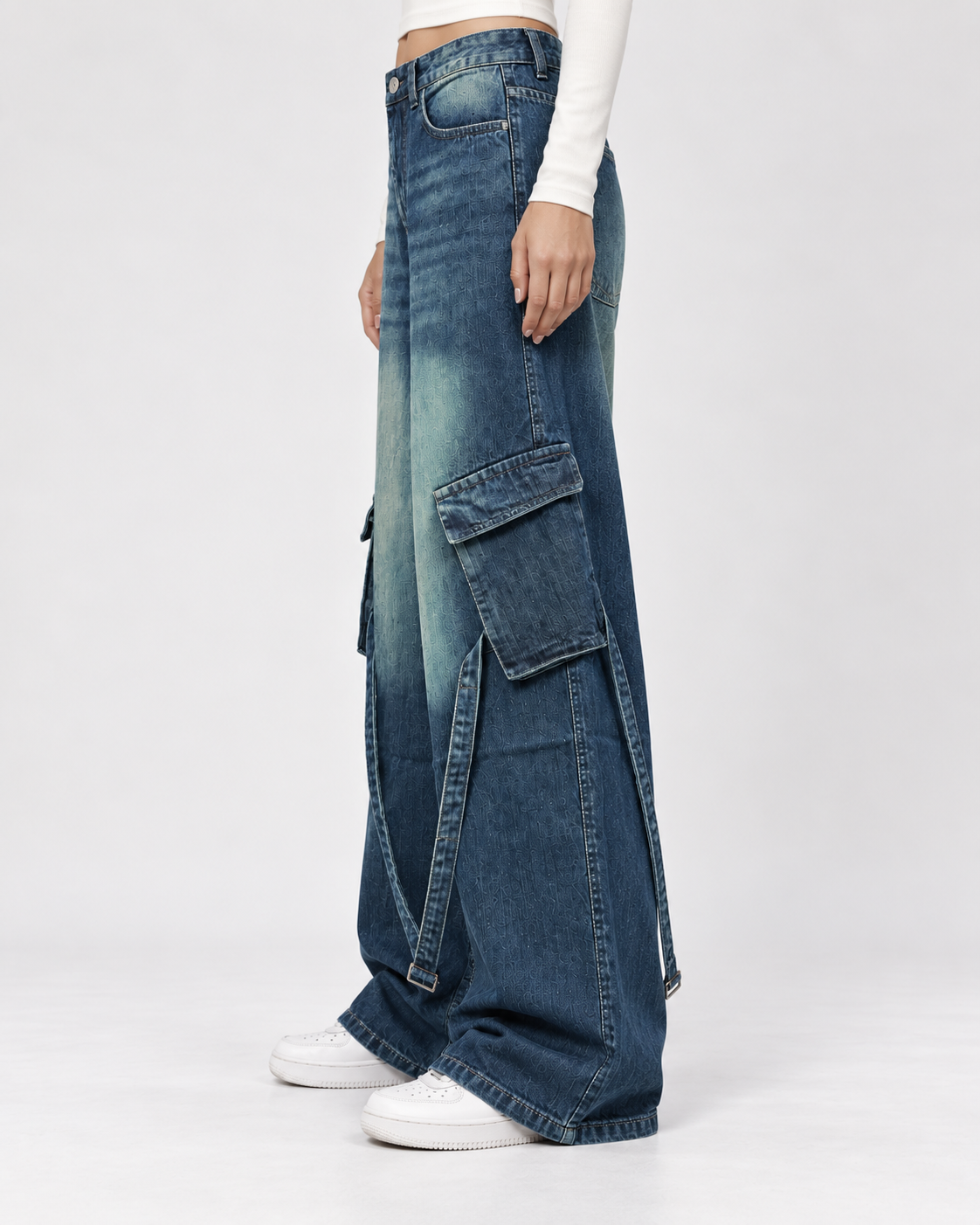 Vintage Green Stripes Cargo Wide-Leg Jeans