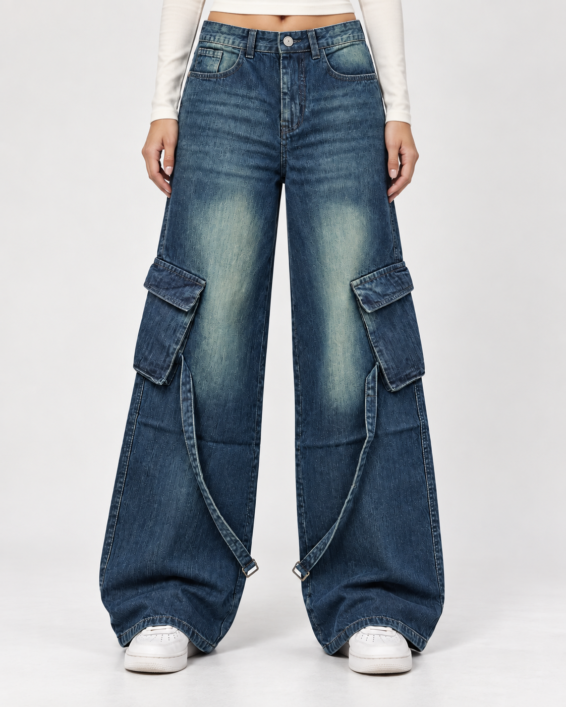 Vintage Green Stripes Cargo Wide-Leg Jeans