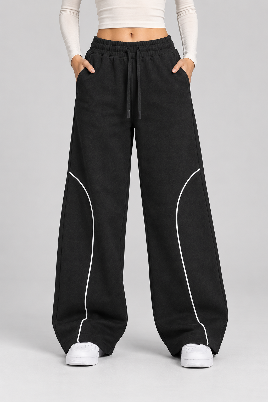 Drawstring black wide leg pants