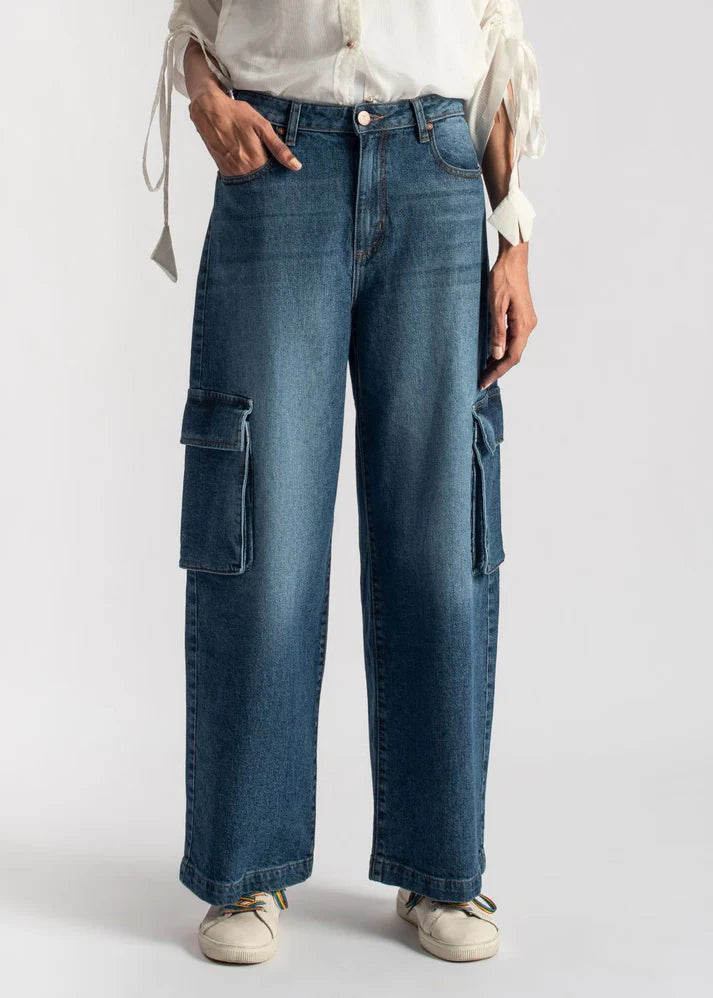 Blue skater cargo wide leg jeans