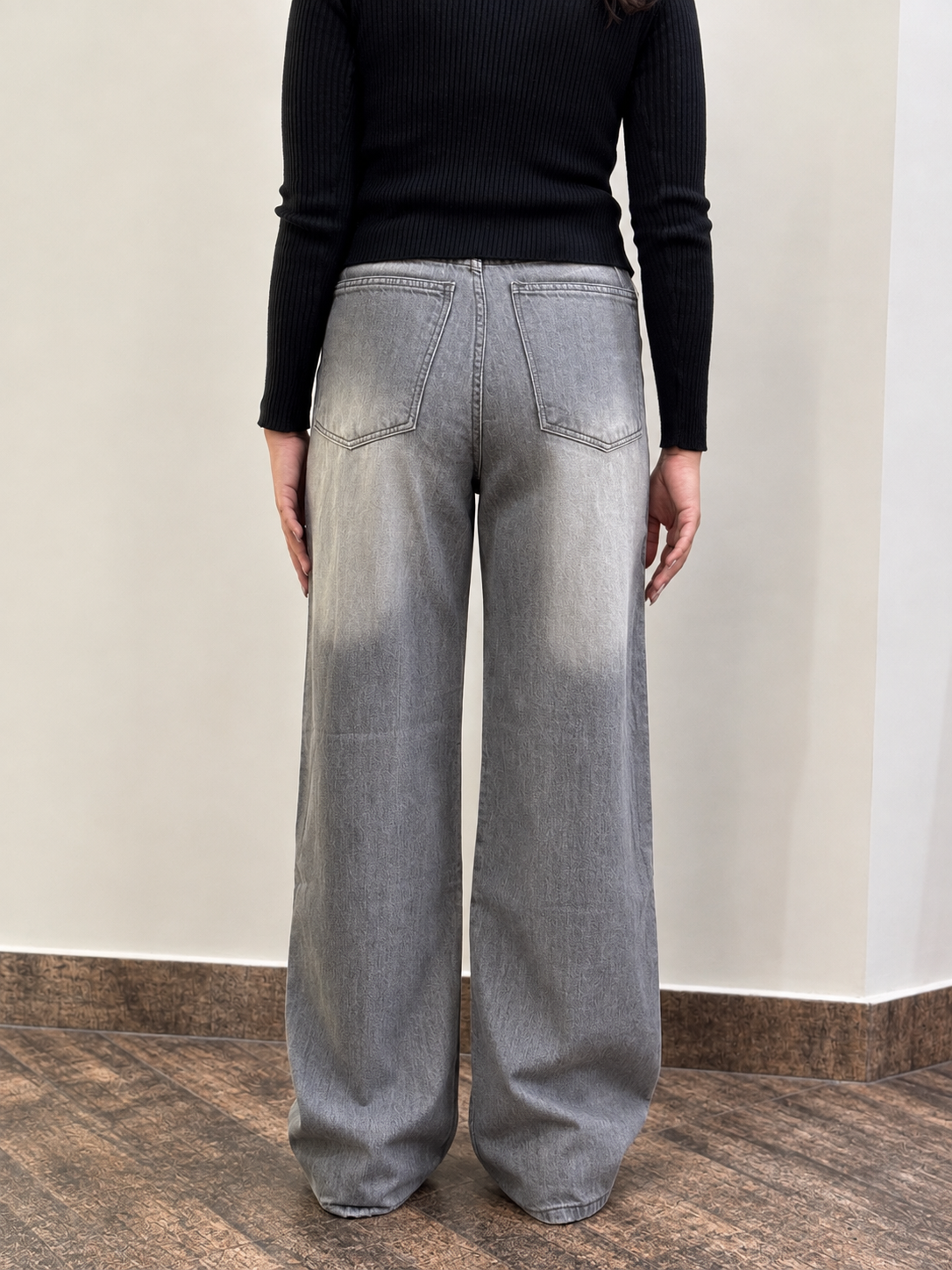 Grey Coated Wide-Leg Jeans