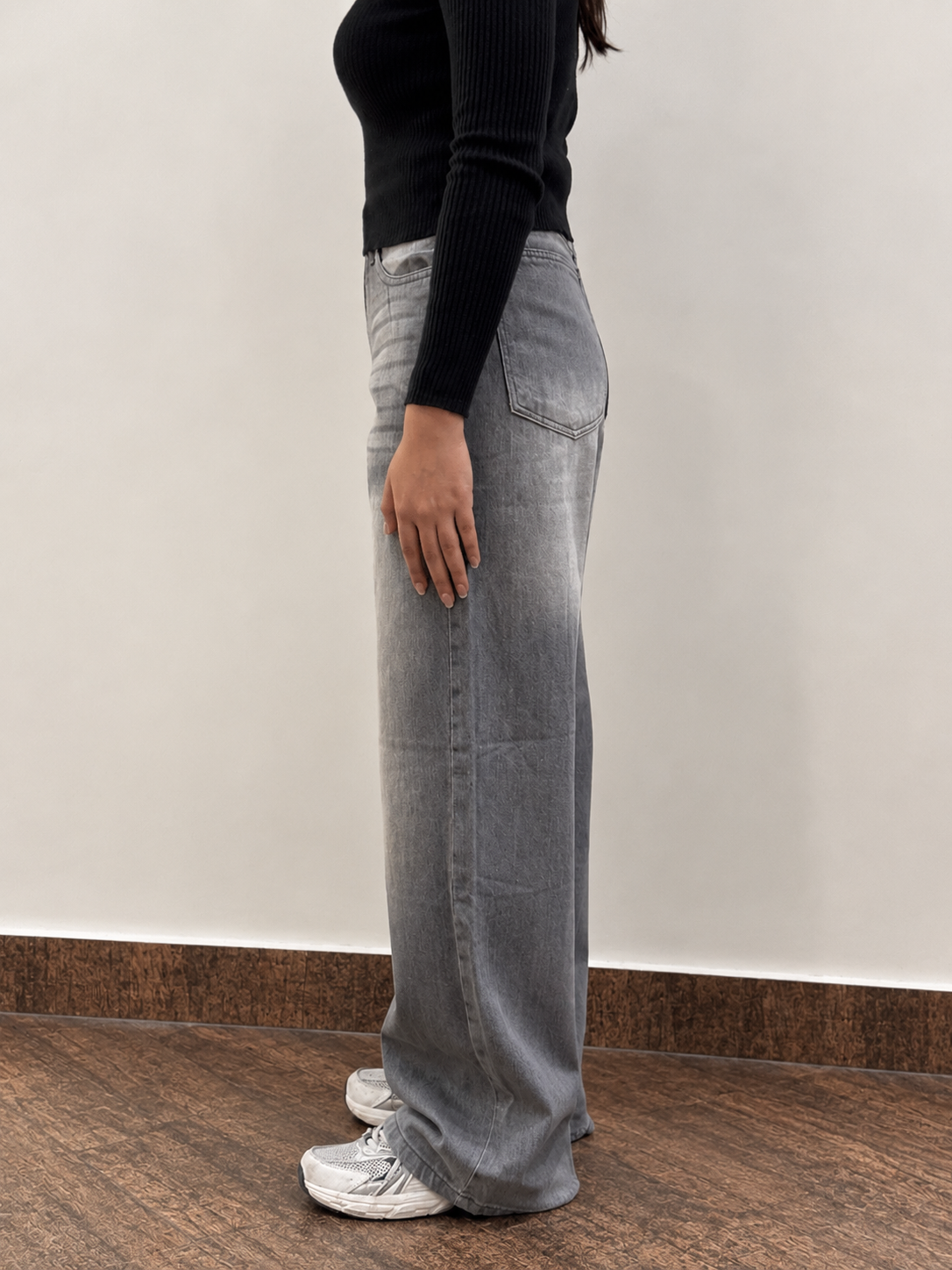 Grey Coated Wide-Leg Jeans