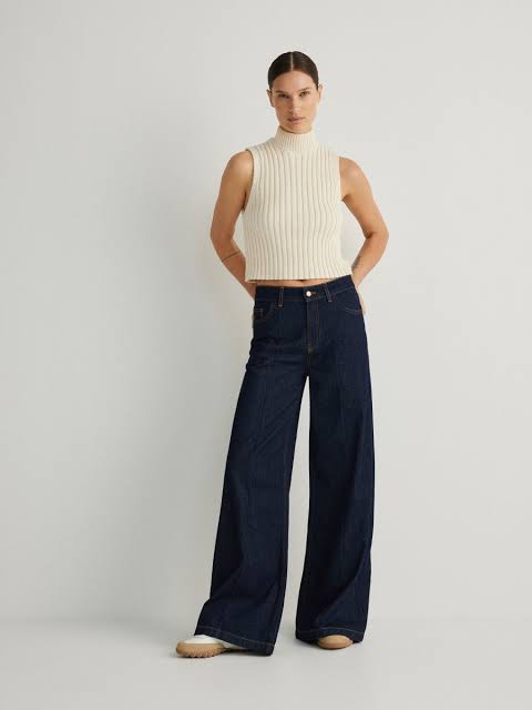 Dark navy blue high-waisted wide leg jeans