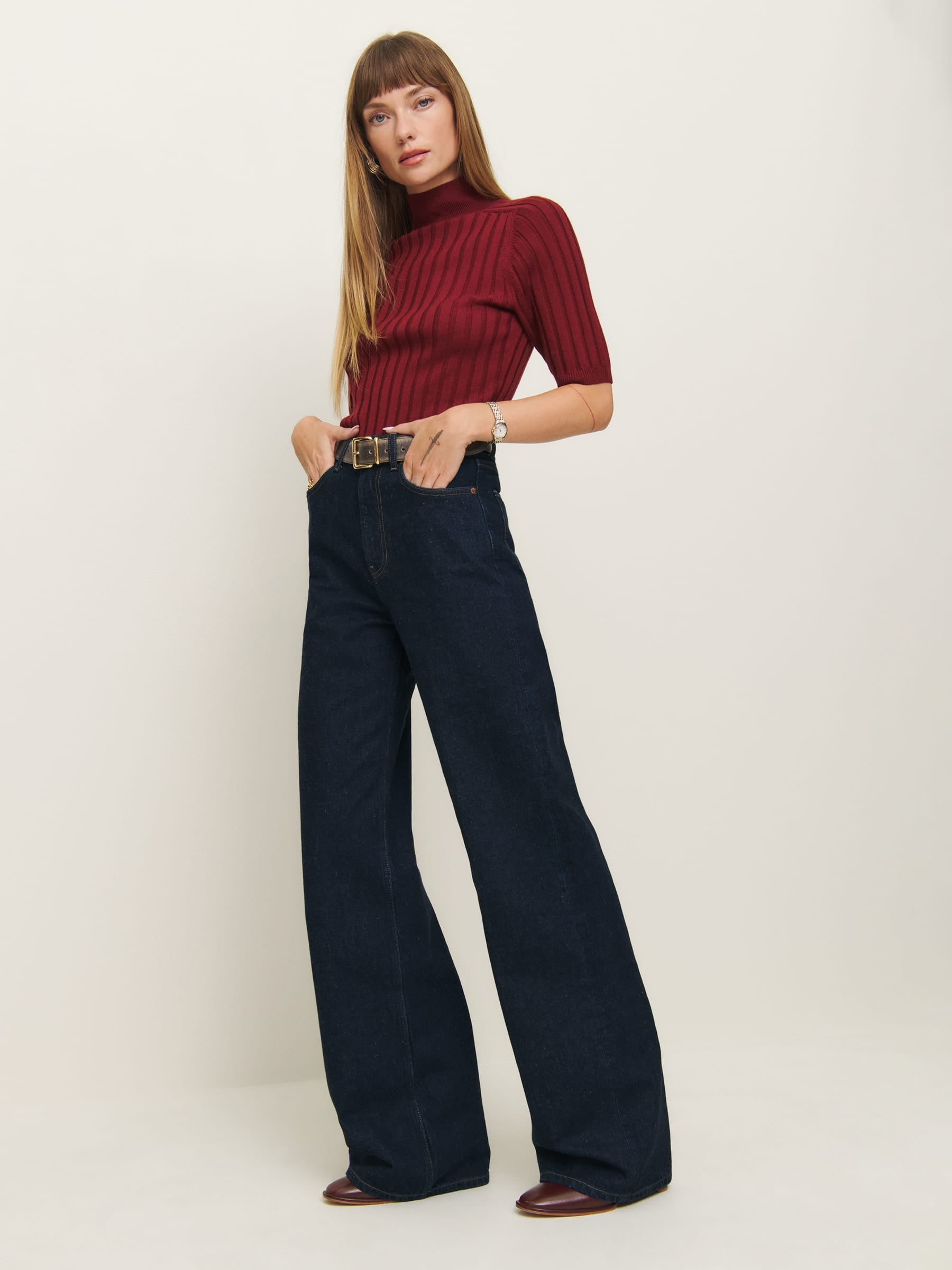 Dark navy blue high-waisted wide leg jeans