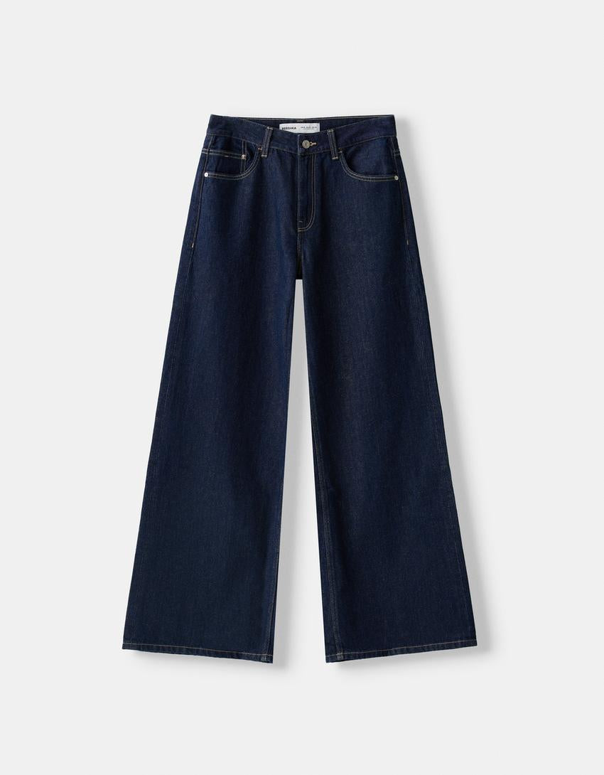 Dark navy blue high-waisted wide leg jeans