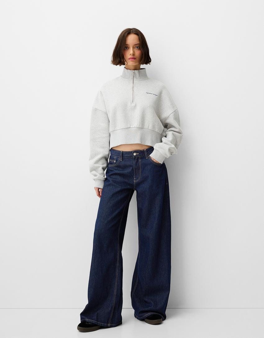 Dark navy blue high-waisted wide leg jeans