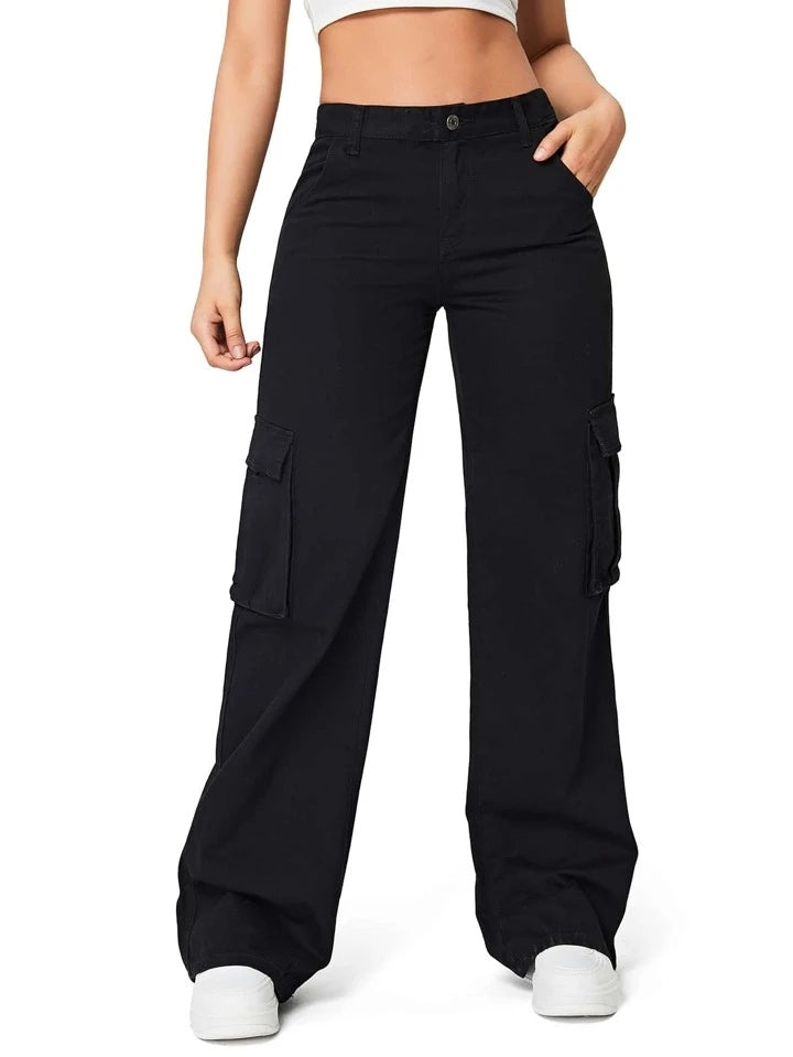 Black high-waisted cargo denim