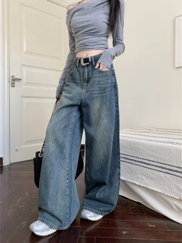 Vintage grey whisker loose wide leg jeans