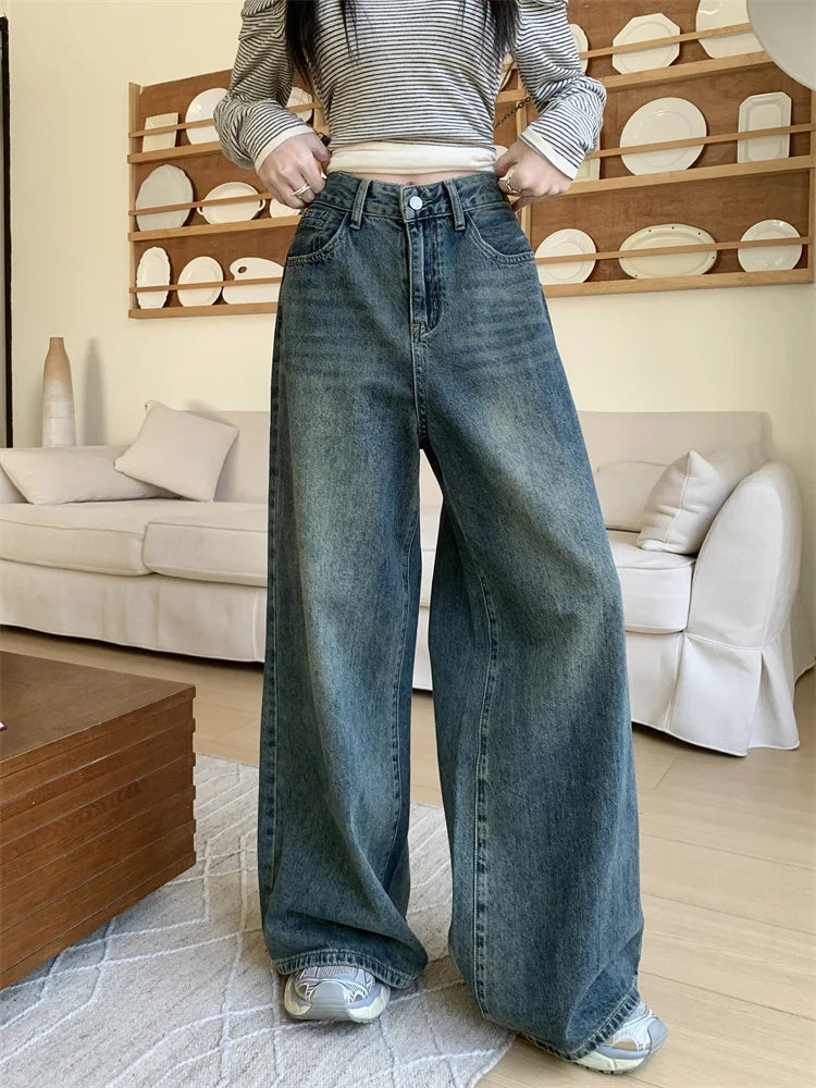 Vintage grey whisker loose wide leg jeans